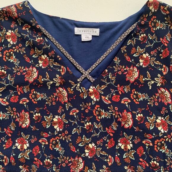 Love Richie Dress Tunic Navy Orange Mixed Floral Print Wide Sleeve Plus Size 1X - Picture 13 of 14